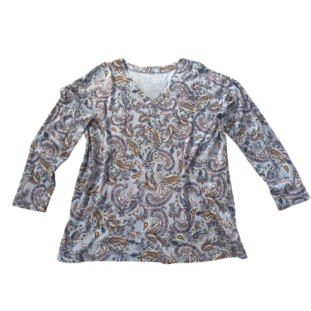 J. Jill Tunic Womens M Blue Paisley Simply Supima V-Neck‎ Long Sleeve Cotton Top